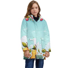 Fruits Sweet Papaya Orange Pattern Kids  Hooded Longline Puffer Jacket by Ravend