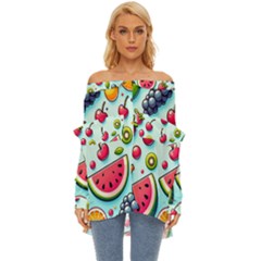 Fruits Sweet Pattern Off Shoulder Chiffon Pocket Shirt by Ravend