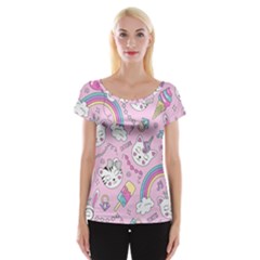 Cute Cat Kitten Cartoon Doodle Seamless Pattern Cap Sleeve Top by Grandong