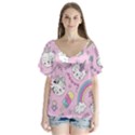 Cute Cat Kitten Cartoon Doodle Seamless Pattern V-Neck Flutter Sleeve Top View1