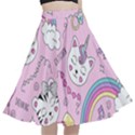 Beautiful Cute Animals Pattern Pink A-Line Full Circle Midi Skirt With Pocket View1