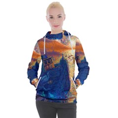 Digital Art Fantasy Impressionism Painting Ship Boat Psychedelic Peacock Mushroom Flamingos Hipwreck Women s Hooded Pullover by Sarkoni