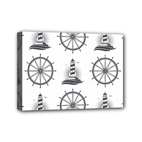 Marine Nautical Seamless Pattern With Vintage Lighthouse Wheel Mini Canvas 7  X 5  (stretched) by Bedest