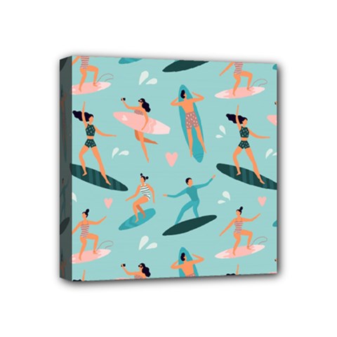 Beach Surfing Surfers With Surfboards Surfer Rides Wave Summer Outdoors Surfboards Seamless Pattern Mini Canvas 4  X 4  (stretched) by Bedest