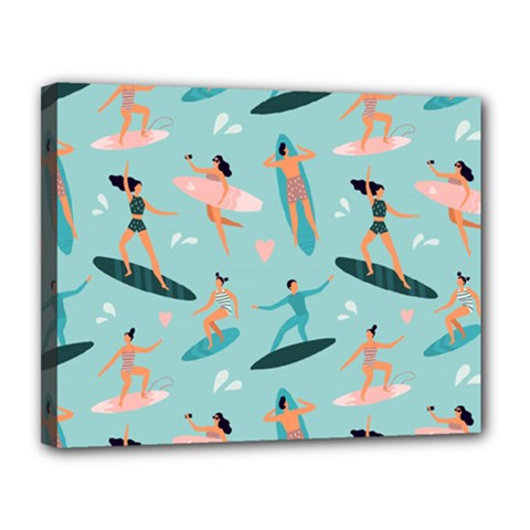 Beach Surfing Surfers With Surfboards Surfer Rides Wave Summer Outdoors Surfboards Seamless Pattern Canvas 14  X 11  (stretched) by Bedest