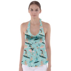Beach Surfing Surfers With Surfboards Surfer Rides Wave Summer Outdoors Surfboards Seamless Pattern Tie Back Tankini Top by Bedest