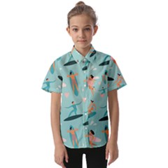 Beach Surfing Surfers With Surfboards Surfer Rides Wave Summer Outdoors Surfboards Seamless Pattern Kids  Short Sleeve Shirt by Bedest