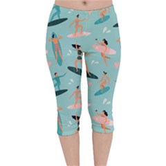Beach Surfing Surfers With Surfboards Surfer Rides Wave Summer Outdoors Surfboards Seamless Pattern Velvet Capri Leggings  by Bedest