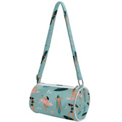 Beach Surfing Surfers With Surfboards Surfer Rides Wave Summer Outdoors Surfboards Seamless Pattern Mini Cylinder Bag by Bedest