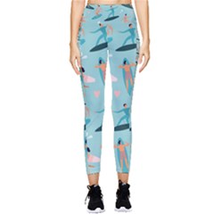 Beach Surfing Surfers With Surfboards Surfer Rides Wave Summer Outdoors Surfboards Seamless Pattern Pocket Leggings  by Bedest