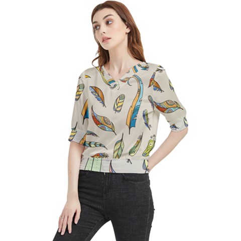 Vector Boho Doodle Feathers Seamless Pattern Illustration Quarter Sleeve Blouse by Hannah976