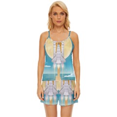 Space Exploration Illustration Satin Pajama Short Set by Bedest