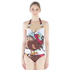 Turkey Chef Cooking Food Cartoon Halter Swimsuit by Sarkoni