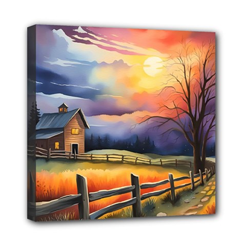 Rural Farm Fence Pathway Sunset Mini Canvas 8  X 8  (stretched) by Bedest