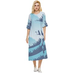 Swan Flying Bird Wings Waves Grass Double Cuff Midi Dress by Bedest