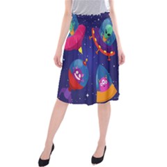 Cartoon Funny Aliens With Ufo Duck Starry Sky Set Midi Beach Skirt by Ndabl3x