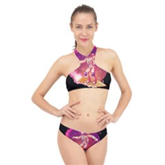 Astronaut Spacesuit Standing Surfboard Surfing Milky Way Stars High Neck Bikini Set by Ndabl3x