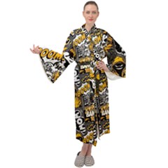 Boom Bang Art Crazy Drawing Graffiti Hello Retro Sayings Yellow Maxi Velvet Kimono by Bedest