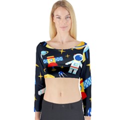 Space Seamless Pattern Cartoon Art Long Sleeve Crop Top by Hannah976