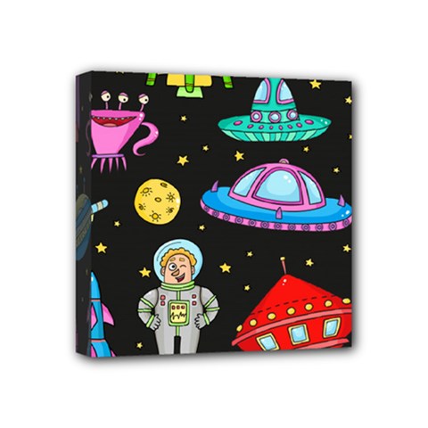 Seamless Pattern With Space Objects Ufo Rockets Aliens Hand Drawn Elements Space Mini Canvas 4  X 4  (stretched) by Hannah976