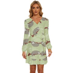 Sloths Pattern Design Long Sleeve Waist Tie Ruffle Velvet Dress by Hannah976
