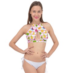 Tropical Fruits Berries Seamless Pattern Cross Front Halter Bikini Top by Ravend