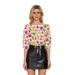 Tropical Fruits Berries Seamless Pattern Mid Sleeve Drawstring Hem Top by Ravend