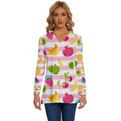 Tropical Fruits Berries Seamless Pattern Long Sleeve Drawstring Hooded Top by Ravend