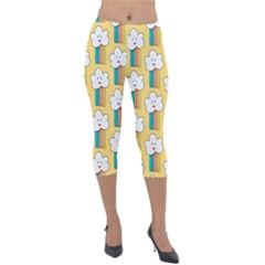Smile Cloud Rainbow Pattern Yellow Lightweight Velour Capri Leggings  by Apen