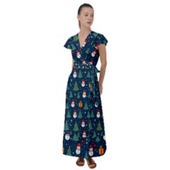 Snow Snowman Tree Christmas Tree Flutter Sleeve Maxi Dress by Ravend