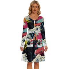 Retro Wave Kaiju Godzilla Japanese Pop Art Style Long Sleeve Dress With Pocket by Cendanart