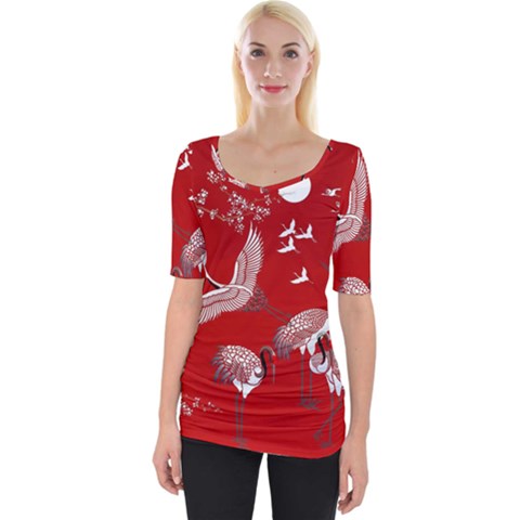 Japanese Crane Bird Art Wide Neckline T-shirt by Cendanart