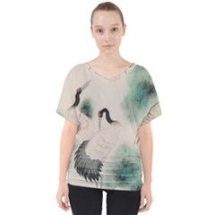 Japanese Crane Painting Of Bird V-neck Dolman Drape Top by Cendanart