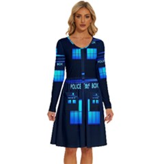 Blue Tardis Doctor Who Police Call Box Long Sleeve Dress With Pocket by Cendanart
