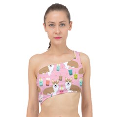 Corgi Bubble Boba Tea Pink Pattern Spliced Up Bikini Top  by Cendanart