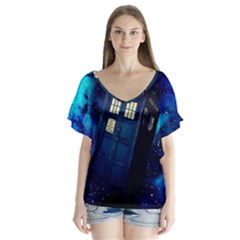 Tardis Doctor Who Space Galaxy V-neck Flutter Sleeve Top by Cendanart