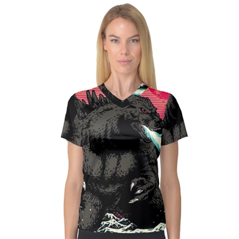Godzilla Vintage Wave V-neck Sport Mesh T-shirt by Cendanart