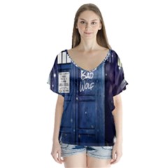 Bad Wolf Tardis Doctor Who V-neck Flutter Sleeve Top by Cendanart