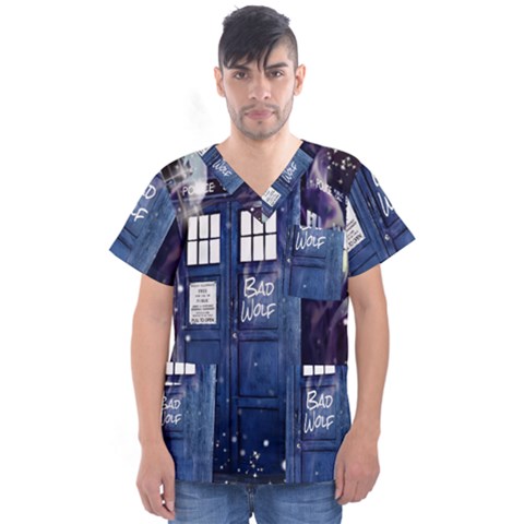 Bad Wolf Tardis Doctor Who Men s V-neck Scrub Top by Cendanart