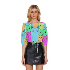 Cat Animals Cartoon Pattern Mid Sleeve Drawstring Hem Top by Cendanart