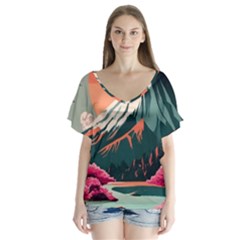 Mountain Landscape Sky Fuji Nature V-neck Flutter Sleeve Top by Cendanart