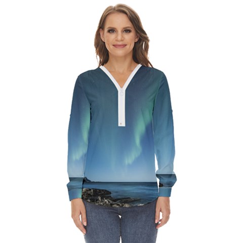 Aurora Borealis Lofoten Norway Zip Up Long Sleeve Blouse by Ket1n9