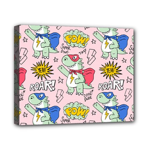 Seamless Pattern With Many Funny Cute Superhero Dinosaurs T-rex Mask Cloak With Comics Style Inscrip Canvas 10  X 8  (stretched) by Ket1n9