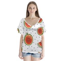 Seamless Background Pattern-with-watermelon Slices V-neck Flutter Sleeve Top by Ket1n9