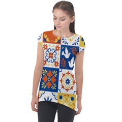 Mexican Talavera Pattern Ceramic Tiles With Flower Leaves Bird Ornaments Traditional Majolica Style Cap Sleeve High Low Top by Ket1n9