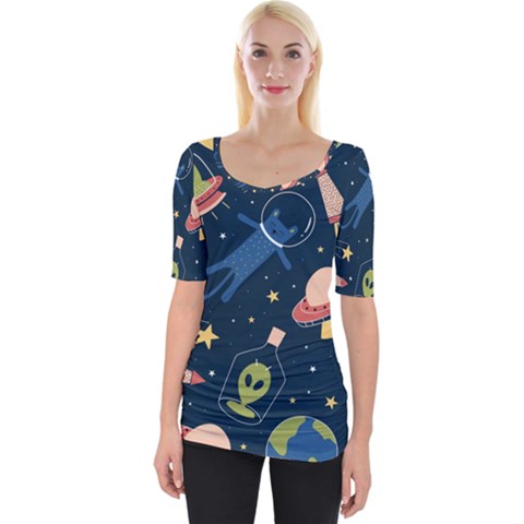 Seamless Pattern With Funny Alien Cat Galaxy Wide Neckline T-shirt by Ndabl3x