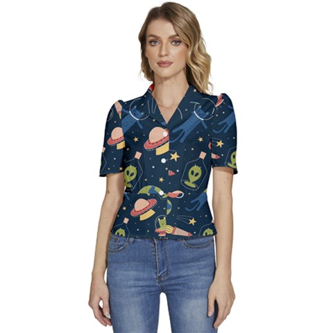 Seamless Pattern With Funny Alien Cat Galaxy Puffed Short Sleeve Button Up Jacket by Ndabl3x