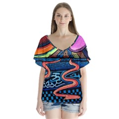 Grateful Dead Wallpaper V-neck Flutter Sleeve Top by Cendanart