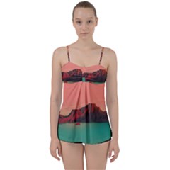 Brown Mountain Illustration Sunset Digital Art Mountains Babydoll Tankini Set by Cendanart