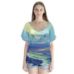 Mountains And Trees Illustration Painting Clouds Sky Landscape V-neck Flutter Sleeve Top by Cendanart